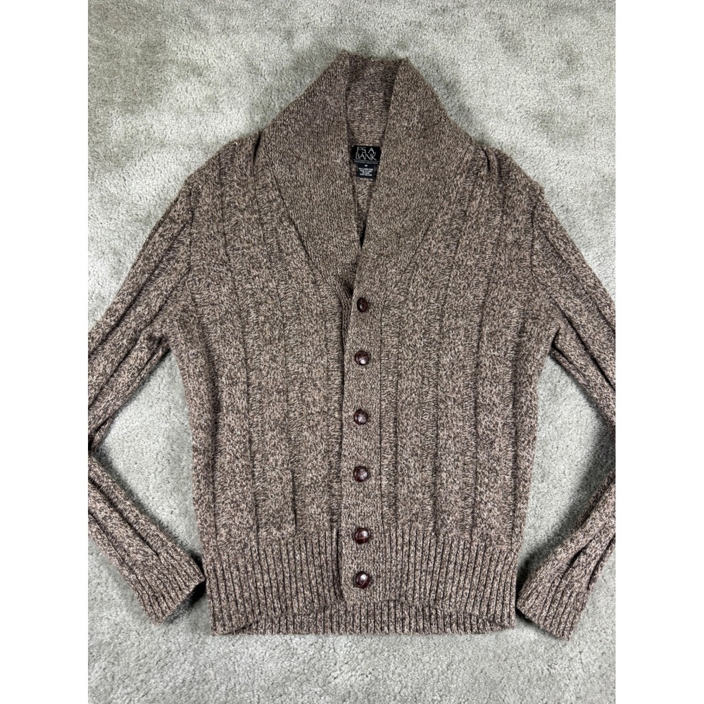 Jos. A. Bank Mens Lambswool Shawl Collar Cardigan Brown Elbow Patch Sweater M